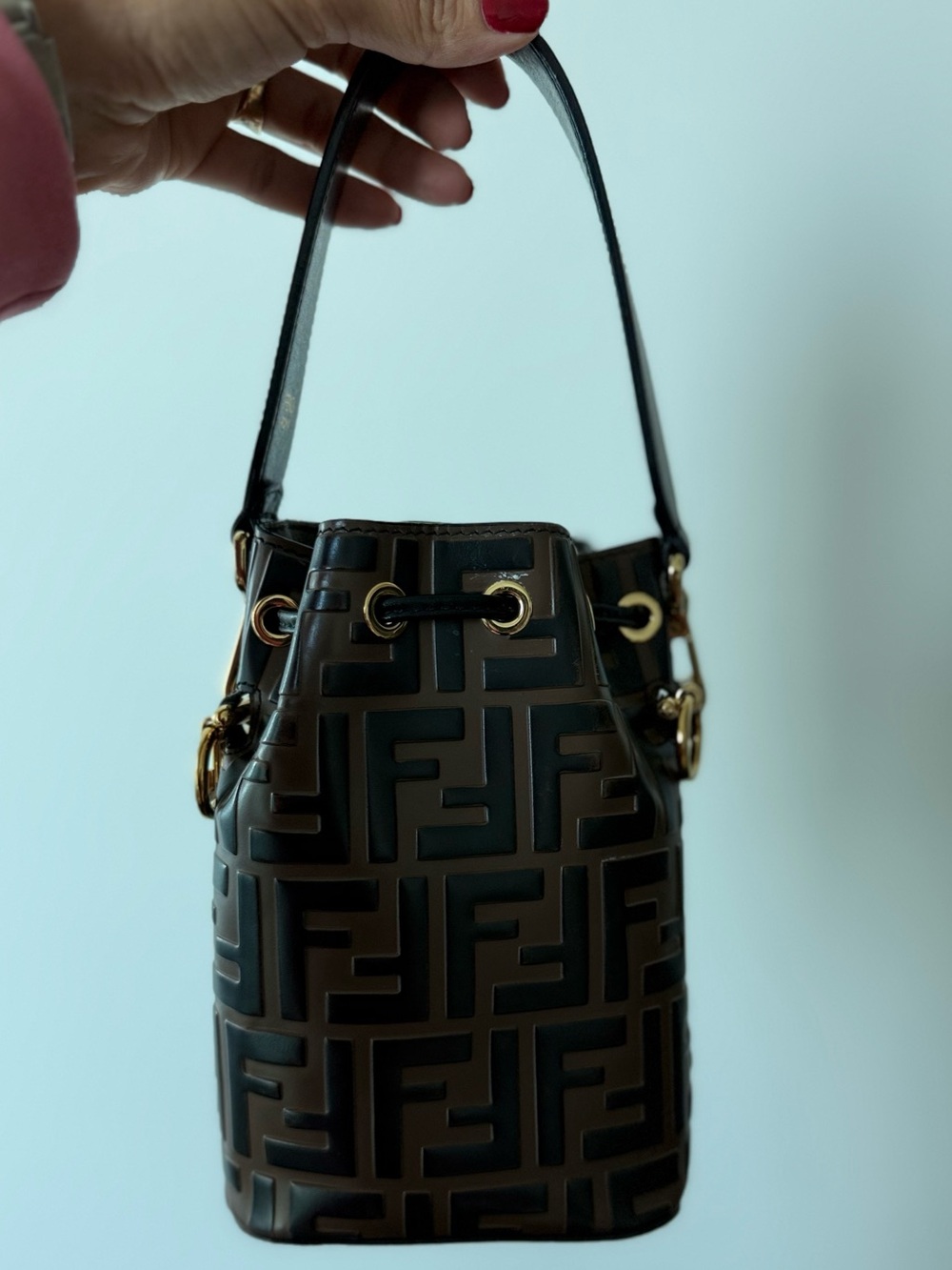 Fendi Brown and Black Logo Embossed Mini Bucket Bag